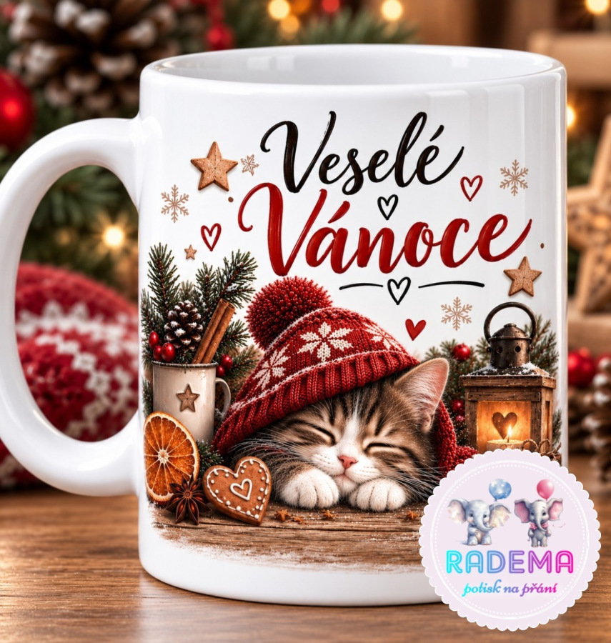 Hrnek keramický Veselé Vánoce - kočka na přání