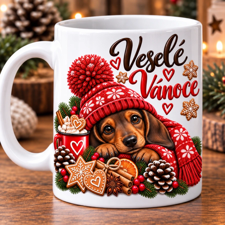 Hrnek keramický Veselé Vánoce - Jezevčík na přání