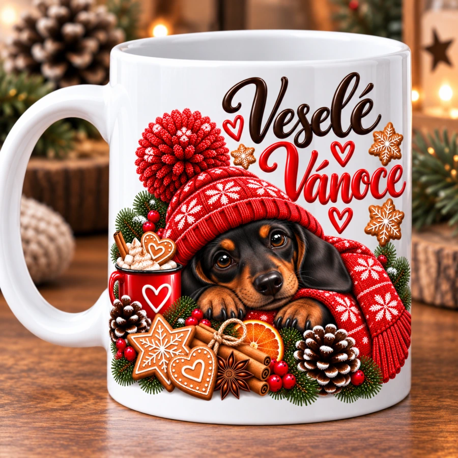 Hrnek keramický Veselé Vánoce - Jezevčík II. na přání
