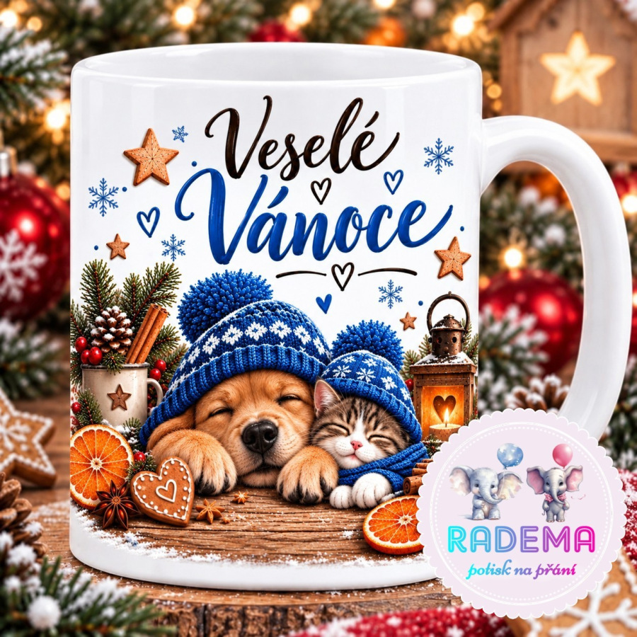 Hrnek keramický Veselé Vánoce - pejsek a kočka II. na přání