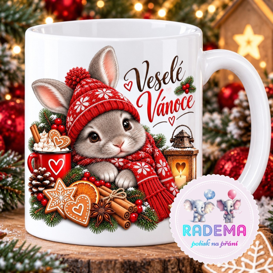 Hrnek keramický Veselé Vánoce - zajíc II. na přání