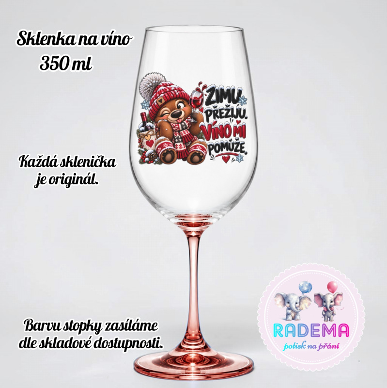 Sklenice na víno - Medvěd - Zimu přežiju víno mi pomůže