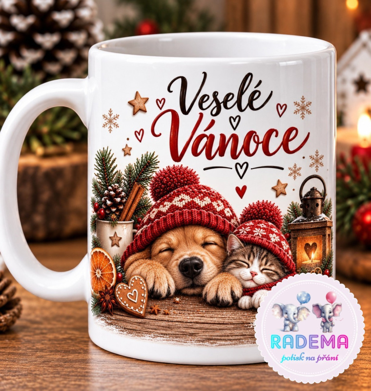 Hrnek keramický Veselé Vánoce - pejsek a kočka na přání