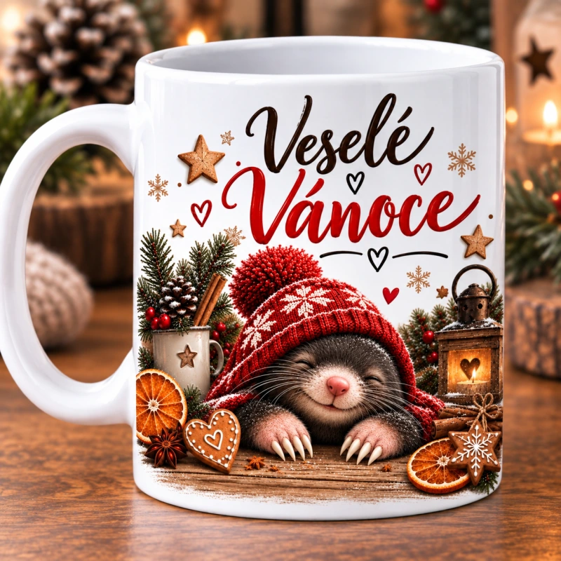 Hrnek keramický Veselé Vánoce - krtek na přání