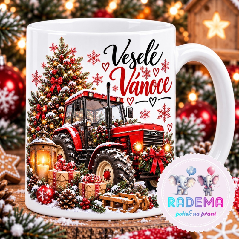 Hrnek keramický Veselé Vánoce - Traktor červený