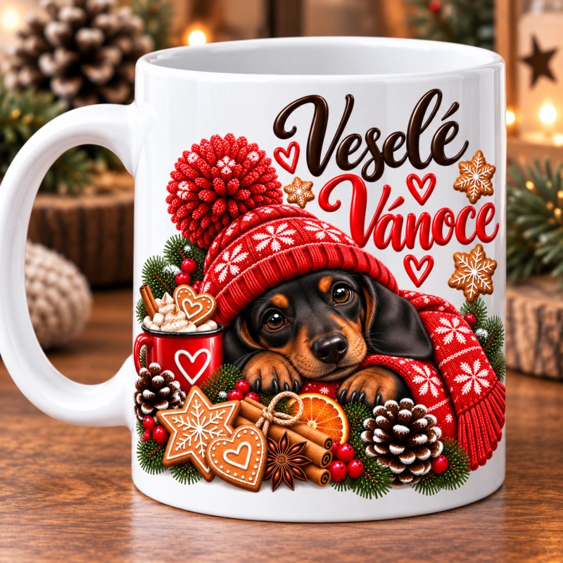 Hrnek keramický Veselé Vánoce - Jezevčík II. na přání